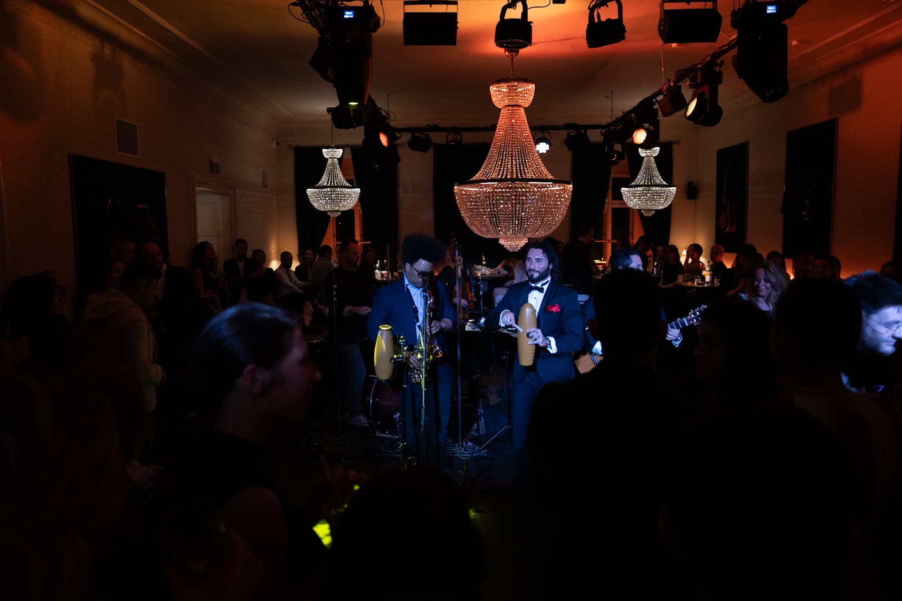 Live band under the chandeliers at Piano Bar Prague